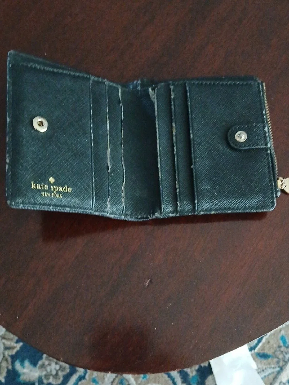 kate spade denim zip card wallet with jeweled floral appliqués in dark blue